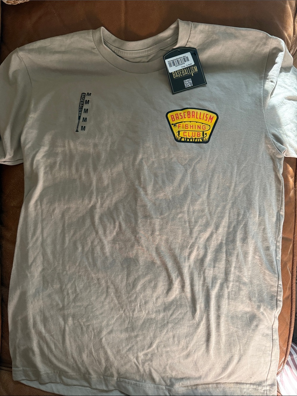 Baseballism Men’s Fishing Club Logo T-Shirt — Light Beige. Size Medium